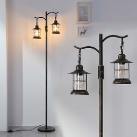 ShuideHua Industrial Floor Lamp,Vintage Dimmable Floor Lamp,2 Classical Lanterns Standing Lamp, Rustic Farmhouse Floor Lamp with Bronze Gold Finish, for Living Room Bedroom (Bronze-B-Style)