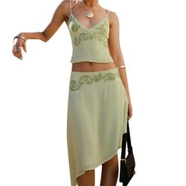 RUIWANBBY Women 2 Piece Summer Outfits Floral Print Spaghetti Strap V-Neck Crop Cami Tops and Bodycon Midi Skirt Streetwear Set (Green, S)