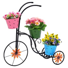 LEWIS&WAYNE Metal Tricycle Planter, 3 Tier Floral Flower Plant Stand Holder Hand Painted Outdoor Garden Patio Decor