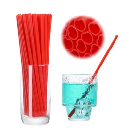 Heart shaped beverage straw, pink heart shape, 50-100 cute plastic party independent packaging, Valentine's Day wedding thick straw - brush included (100, red)