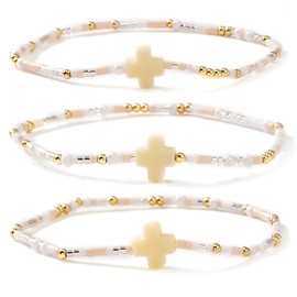 SHINUS BOHO Dainty Beige Cross Gold Beaded Bracelet Stack for Women,3PCS Cute Small Beads Stretch Stackable Bracelets Trendy Minimalism Holiday Party Accessories Jewelry Gift Friendship