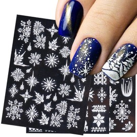 Christmas Nail Art Stickers 5D Stereoscopic Embossed White Snowflake Nail Decals Cute Lace Lattice Elk Nail Decals Stickers Winter Xmas Tree Nail Art Supplies for Women Girls Nail Decorations 8 Sheets