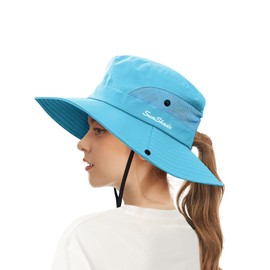 ECOMBOS Womens Sun Hats Wide Brim UV Protection Mesh Foldable Ponytail Bucket Fishing Hat Beach Cap for Fishing Hiking Gardening Outdoor