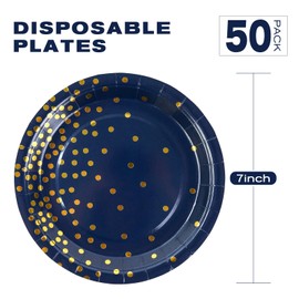 50 Pack Disposable Party Paper Plates,7 inch Metallic Foil Polka Dots Disposable Dessert Party Plates,Deep Blue Gold Paper Plates for Graduation, Birthday, Cocktail Party, Weddings, Holiday,Christmas…