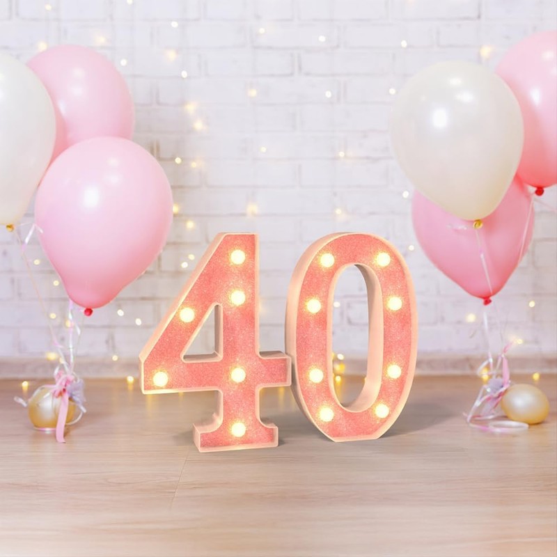 Light Up Number,Two Pink Glitter Number 40 Signs, Night Lights,