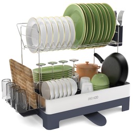 ParKoo Dish Drying Rack, X-Large 2 Tier Dish Rack for Kitchen Counter, Stainless Steel Dish Drainer with Rotatable Spout, Multifunctional Large Bowl Rack with Utensil Holder & Cup Holder