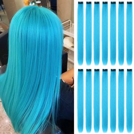 6 Pieces Clip-In Hair Extensions, Blue Coloured Hair Strands, Party Highlights, Smooth Long Hairpieces, Rainbow Hair Accessories for Women, Girls and Children, 55 cm
