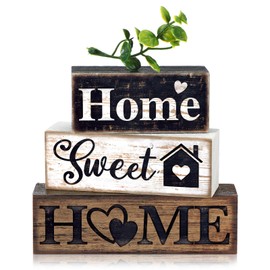Moucuny 4 Pcs Farmhouse Wooden Tabletop Decor Farmhouse Tiered Tray Decor Rustic Eucalyptus Leaves Wood Block Sign Gift Sweet Home Centerpiece Home Table Decortion