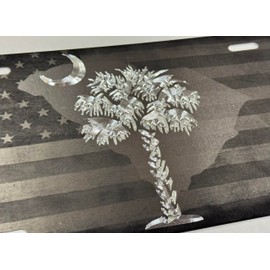 Combo Laser Engraved US Flag & Diamond Etched SC Palm Tree Car Tag License Plate