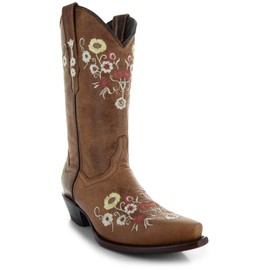 Soto Boots Womens Showstopper Snipped Toe Floral Cowgirl Boots M50044 (Tan,12 B(M) US)