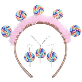 Tahonuss 4 Pcs Sweet Costume Accessories Set Includes Cute Lollipop Headband Necklace Earrings Rainbow Striped Candy Outfits (Rainbow-Blue)