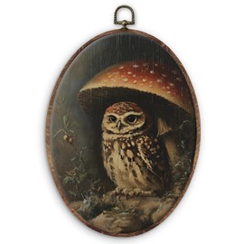 DILSJ Nature Forest Mushroom Owl Oval Wall Art Decor, Dark Cottagecore Rainy Mushroom Owl Canvas Wall Art Framed, Rustic Retro Wild Animal Hanging Decorations for Home Bedroom Living Room, 11x8.5 Inch