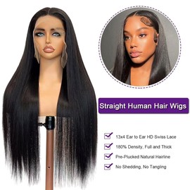 NREDCA 34 Inch 13x4 Straight Lace Front Wigs Human Hair 180% Density Pre Plucked Pre Cut Transparent Frontal Human Hair Wigs for Black Women with Baby Hair Natural Black