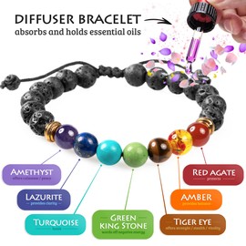 7 Chakra Adjustable Healing Bracelet with Stones, Volcanic Lava, Mala Meditation Yoga Bracelet - Men's and Women's Essential Oil Diffuser Jewelry