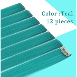 Fcysws 12 Coloured Clip-In Hair Extensions, 21 Inch Heat-Resistant, Synthetic, Straight, for Women and Girls, Gift, Multicoloured, Party Highlights, Clip-in Hairpiece (Turquoise)