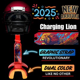 Oral Mart Football Mouth Guard (2025 Charging Lion) Dual-Color with Graphic Strap - Instant Fit (No Boil) - Youth Lip Guard Mouthpiece (Works with Braces) - Mouthguard Pacifier with Built-in Strap