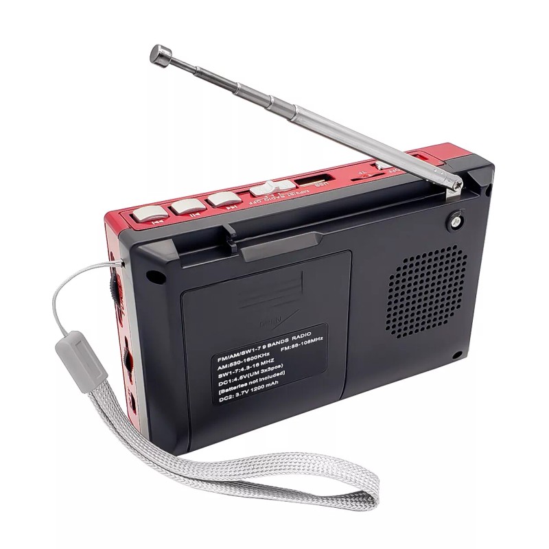 Sunflash Red Bluetooth AM/FM/SW 9CH Radio W/ Flashlight USB/TF MP3