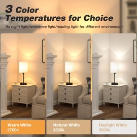 Small Bedroom Lamps with USB C and A Ports 3 Color Temperatures - 2700K 3500K 5000K Pull Chain White Nightstand Bedside Table Lamps with AC Outlet, Metal Base for Kids Reading