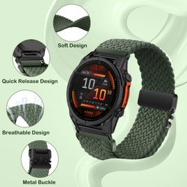 SeNool QuickFit 22mm Straps for Garmin Fenix 8 47mm/Fenix E 47mm/Fenix 7 Pro/Fenix 7/Fenix 6/Fenix 6 Pro/Fenix 5, Nylon Braided Wristbands Watch Band for Garmin Approach S62/Approach S60 - Green