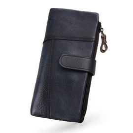 LETEULO Women's Wallet RFID Blocking Clasp Ladies Leather Wallet Vintage Hand Rubbing Organizer (Blue Black)