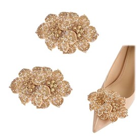 2 PCS Gold Rhinestone Flower Shoe Clips Detachable Stereoscopic Shoes Decorations Charms Shoe Accessories for Wedding Party Shoes Jewelry, Rhinestone, No Gemstone