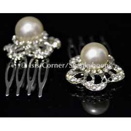Unbranded 2PC IVORY PUFFY PEARL FLOWER MINI COMB BRIDAL FORMAL FLOWER GIRL