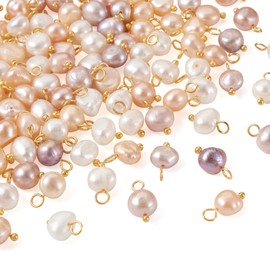 Crafans 100Pcs Cultured Freshwater Oval Pearl Charms with Golden Brass Ball Head Pins Seashell Color Natural Pearl Beads with Golden Loop for Jewelry Making
