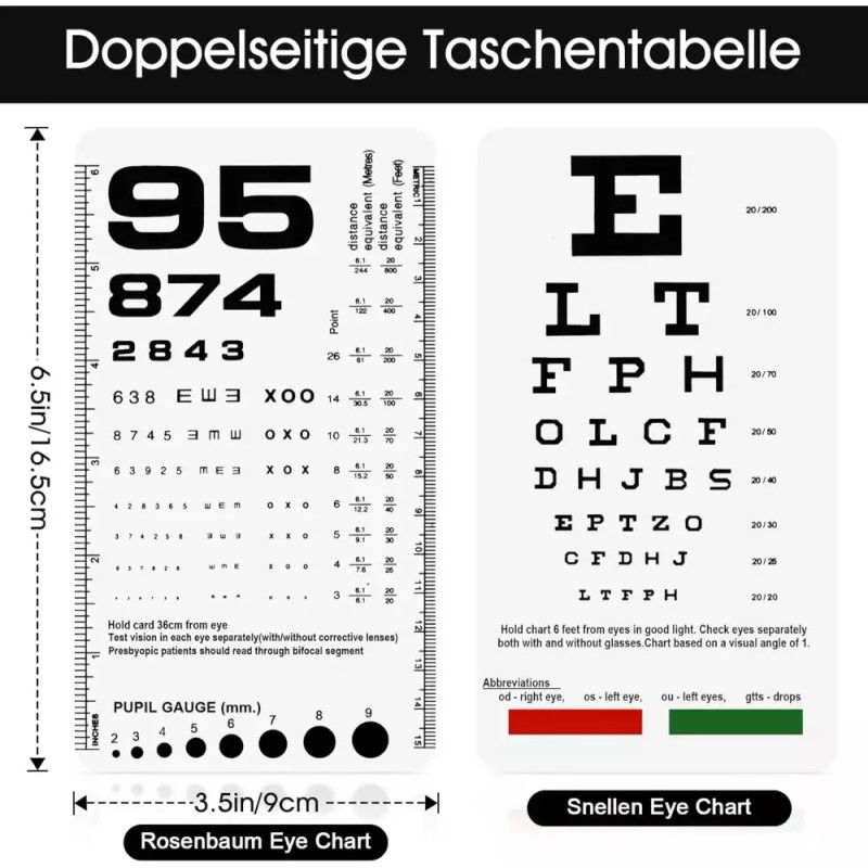 Snellen Rosenbaum 포켓 차트 - 시력 검사용 스넬렌 로젠바움 6.5x3.5인치