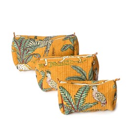PINK TREASURE Quilted Cotton Travel Pouch – Handcrafted Cosmetic Bag with Jungle Print, Toiletry Organizer for Women, Multipurpose Makeup Bag, Zipper Closure(YellowPack Of 3)