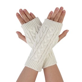 Allegra K Women's Ribbed Wrist Arm Warmers Stretchy Cable Knitted Fingerless Gloves One Size White