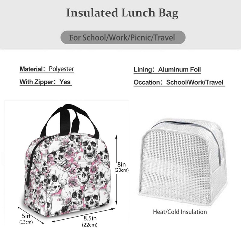 Hulnulnu Insulated Lunch Bag with Skull and Flowers Reusable Portable