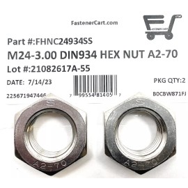 FastenerCart (2) M24 x 3.00 Stainless Steel DIN934 Metric Finished Hex Nut 24mm-3.00 QTY:2