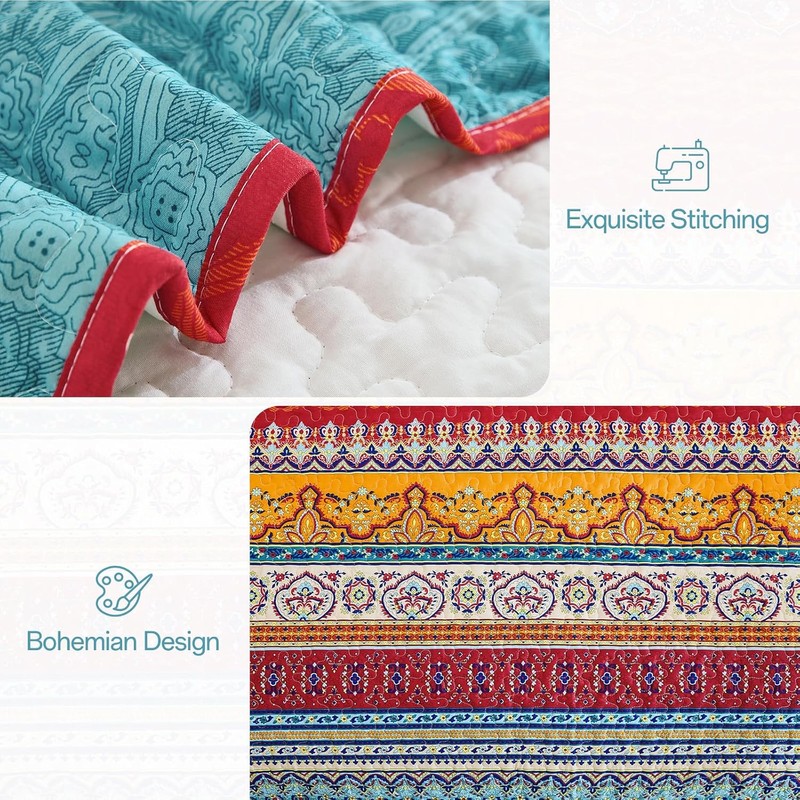WONGS BEDDING Bohemian Quilt Set Queen Size, Boho Striped Pattern