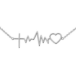 Exquisite Sterling Silver Heartbeat Love Cardiogram Cross Necklace, 22"