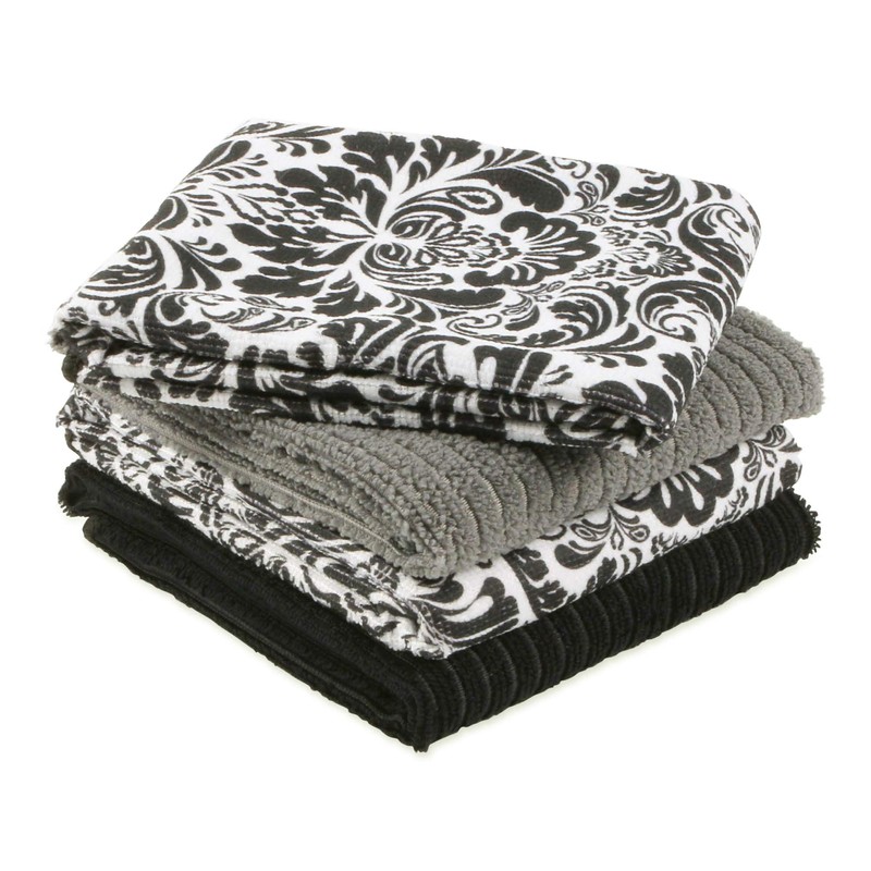 DII Cleaning Collection Multi-Purpose Microfiber, Black Damask, Dishtowel Set