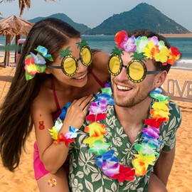 LMSHOWOWO Hawaii Necklace Flowers 7 Pieces Hawaiian Flower Necklace Set with Hawaiian Leis Temporary Tattoos Sunglasses Headbands Bracelets for Hawaiian Costume Women's Tropical Beach Luau Birthday