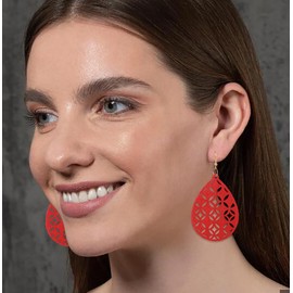 Rumnoke Wood Earrings 2 Pairs Natural Wooden Earrings for Women Teardrop Dangle Earring Gifts Hollow Red