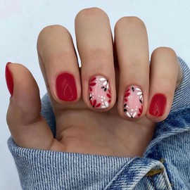 Short Flower Fake Nails Square Press on Nails - SINSEN 24Pcs Red False Nails with Full Cover Daisy Flowers Designs Acrylic Nails Press ons Spring Summer Glue on Nails Cute Stick on Nails for Women