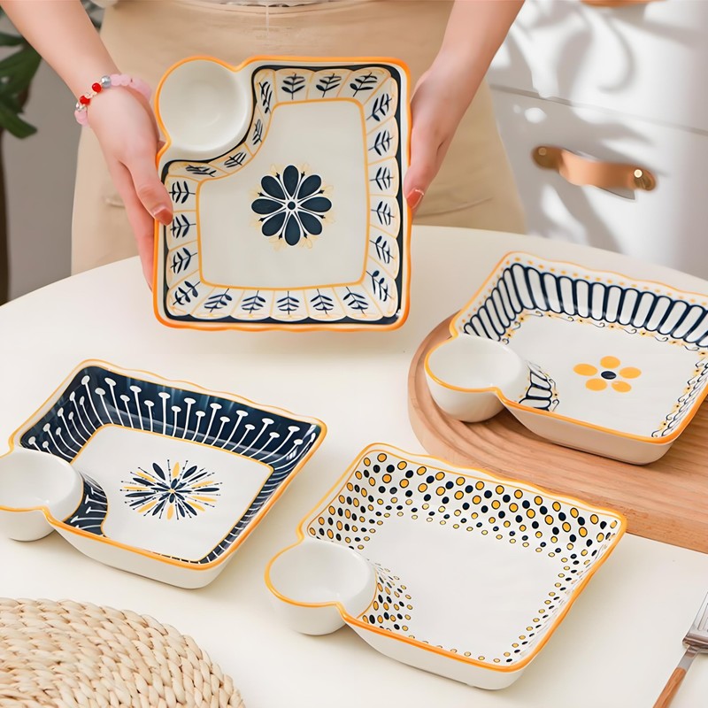Noamus 4 Pack Dumpling Plate with Dipping Saucer, 7.5" Ceramic