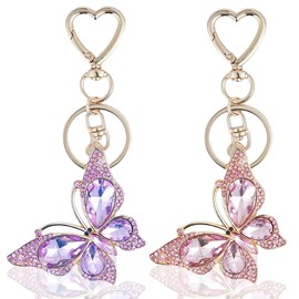 SCORYULE 2PCS Charm Keychain for Women, Heart Key Chain with Diamond Butterfly Pendant, Lovely Accessory for Bag & Purse