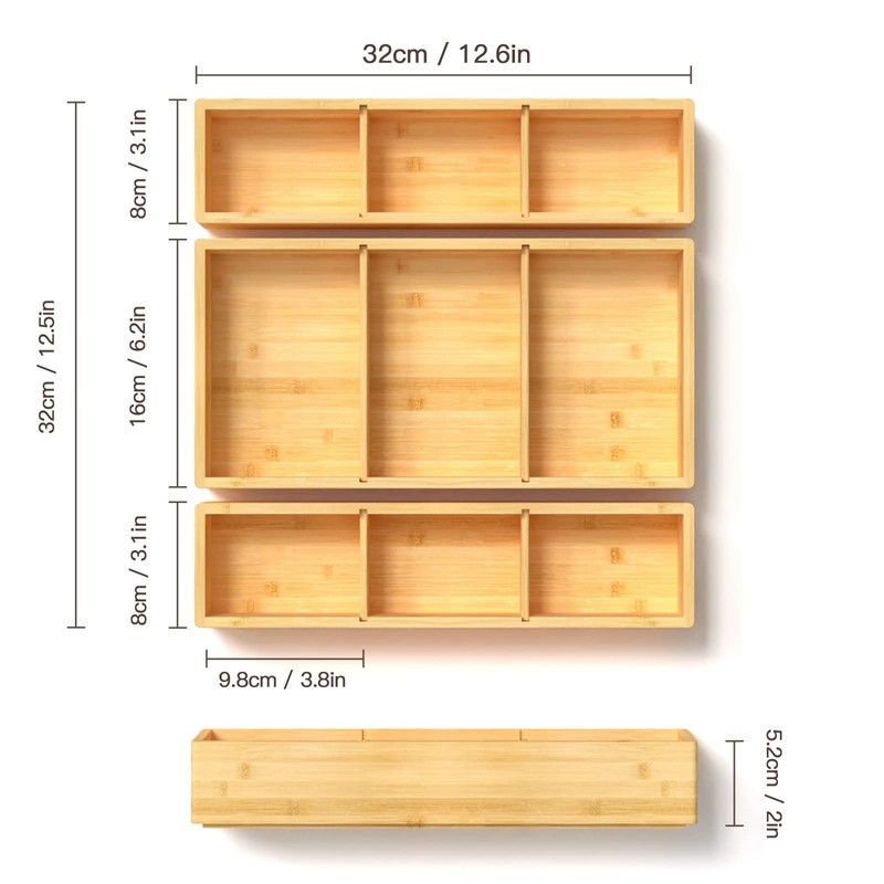 Bamboo Drawer Organizer 12.5'' X 12.5'' X 2'', Adjustable 3