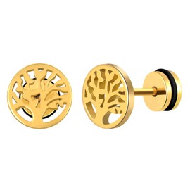 INFINIONLY Men's Women's Stainless Steel Earrings Studs Round Statement Earrings for Boy's Tree of Life Studs Creative Stainless Steel Jewellery, Gold