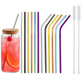 Woyinger 12 Pack 8.5" * 0.24" Stainless Steel Straws with 2 Cleaning Brushes, 6 Straight + 6 Bent Mental Straws, Compatible with 20oz Tumblers (Silver/Black/Gold/Rose Gold/Purple/Rainbow)