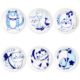 Bicuzat Blue and White Porcelain Vintage Cats Pattern Dessert Plates, Appetizer Plates, Snack Plates Set, Seasoning Dishes, Side Dishes, Saucer Dipping Bowls, 6 PCS-Blue Cats-5 Inch