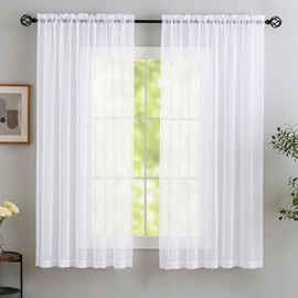 Short Sheer Curtains for Living Room, Rod Pocket Super Soft White Sheer Curtain Panels for Bedroom, Kitchen, Translucent Soild Cafe Curtains - Sheer Airy and Breathable, 2 Panels White, W132 x D114 cm