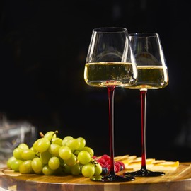LEMONSODA Concave Champagne Glasses Set of 4 - Modern Red Stem & Black Bottom for Sparkling Wine, Rosé, Prosecco, Champagne – Handcrafted Barware, Perfect for gift – 9oz (265ml) (Wine 16oz Set of 4)