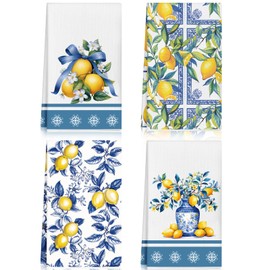 FuWeave 4 Pcs Lemon Kitchen Towels Set Blue White Yellow Summer Lemon Dishcloth 16 x 24 in Bath Washcloth Chinoiserie Drying Absorbent Hand Tea Towels Gift for Spring Kitchen Bathroom Home Decor