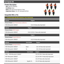 Fuel Injector Kit - Set of 6 - Compatible with 1994-1999 Mitsubishi 3000GT 3.0L V6