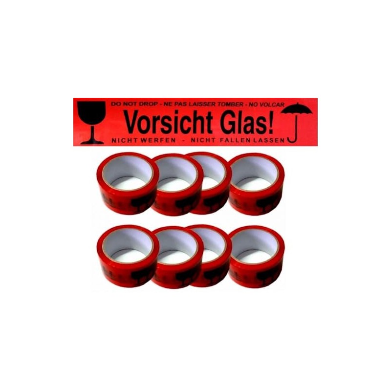 6 Rolls 66 Metres Red Caution Glass Note Parcel Tape