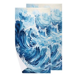 Sabokido 2 Piece Ocean Waves Hand Towels Set Summer Sea Bath Towel Soft Absorbent Bathroom Towels for Hotel Gym Spa Swim Yoga Sport
